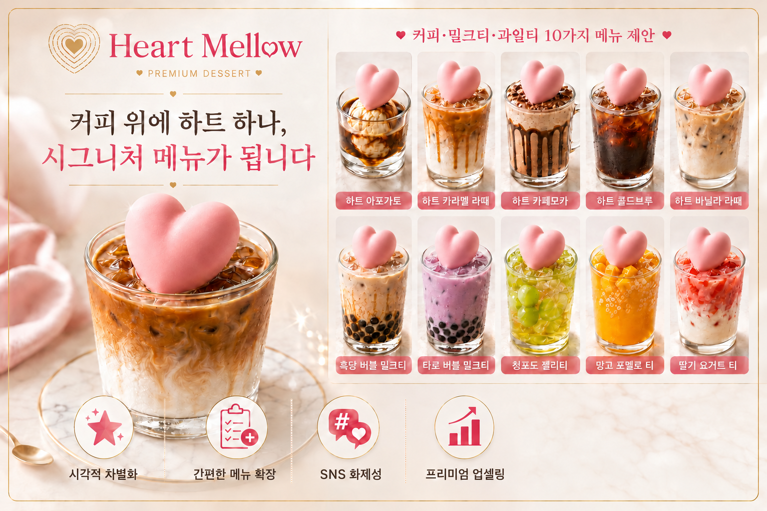 하트 아이스크림을 올린 커피·밀크티·과일티 메뉴 제안