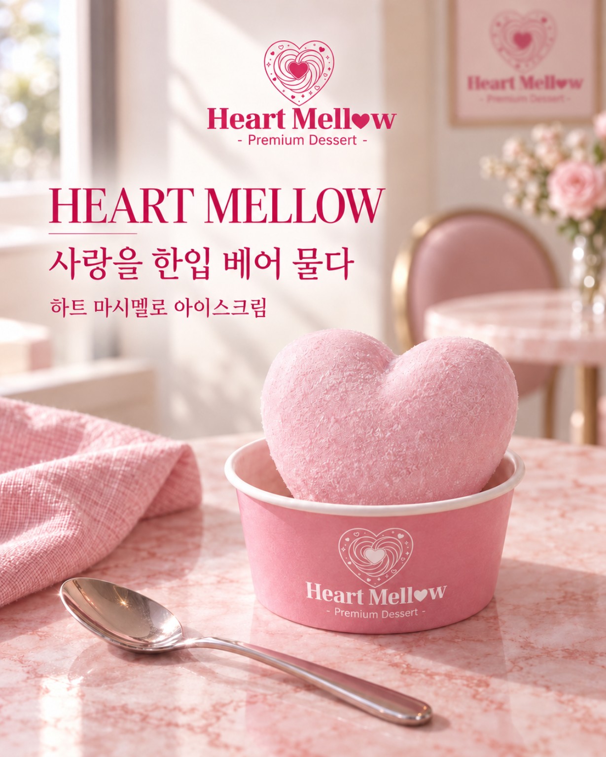핑크 컵에 담긴 하트멜로 하트 마시멜로 아이스크림 제품 포스터