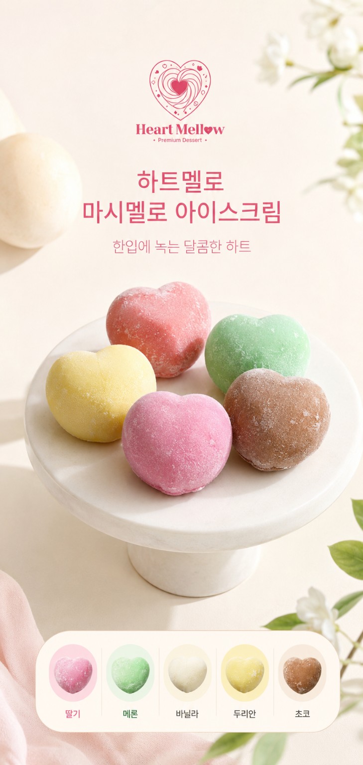 다섯 가지 맛의 하트멜로 마시멜로 아이스크림 세로 포스터