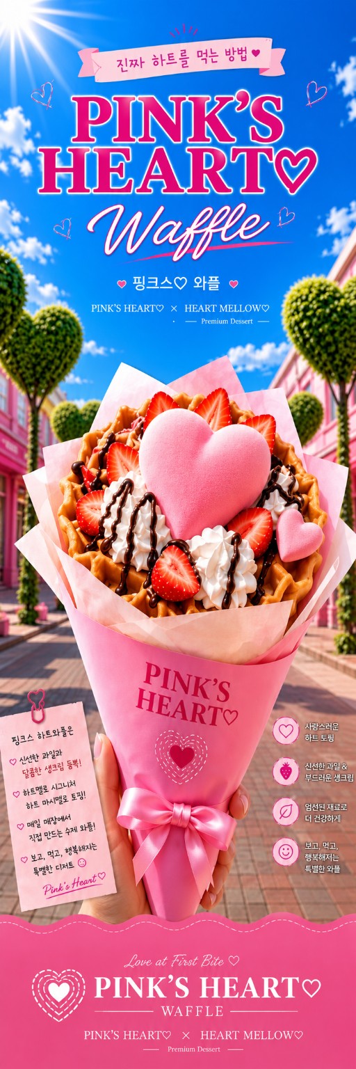 하트 아이스크림을 올린 와플을 소개하는 PINK'S HEART 메뉴 포스터